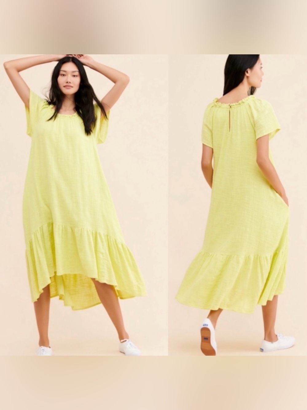 Anthropologie Maeve Yellow Tiered Midi Dress Cottagecore Selah Boho Beach Large